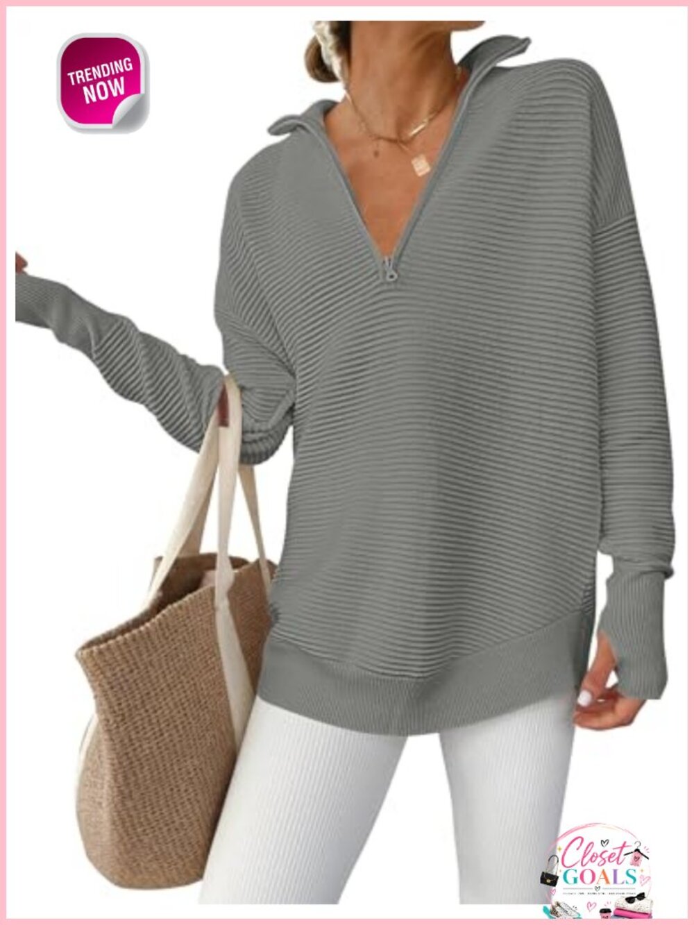 Women's Loose Fit V-Neck Quarter Zip Pullover Sweater Long Sleeve Thumb Holes